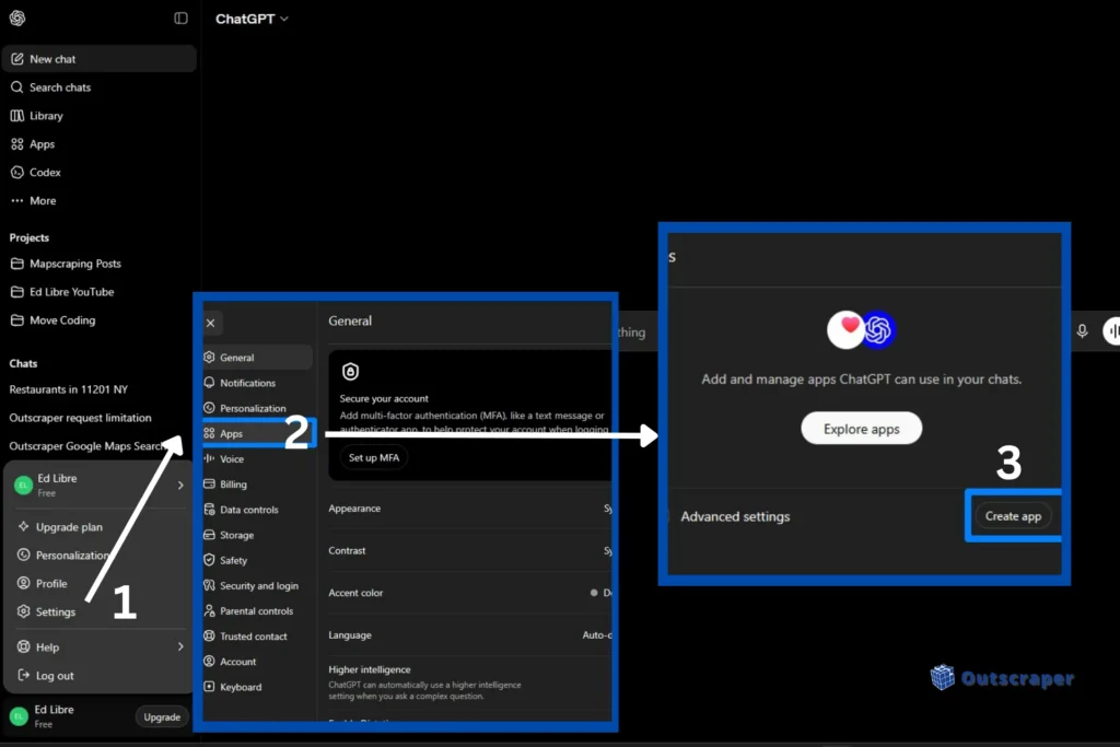 Dashboard showing how to create a new app inside ChatGPT