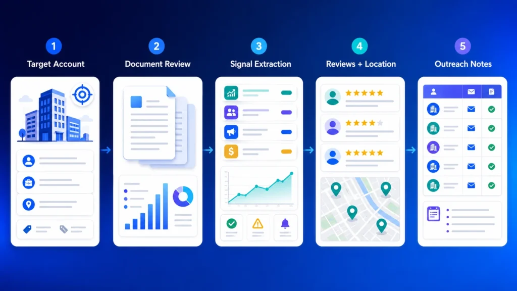 Five-step prospecting research workflow from target account selection to outreach and market research notes