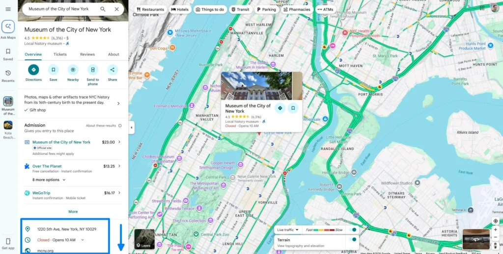 Google Maps business profile for the Museum of the City of New York showing POI data such as ratings, reviews, address, hours, photos, and website details.