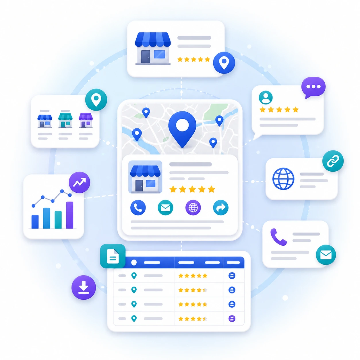 Google Maps business data dashboard with reviews, contacts, locations, and prospect list icons