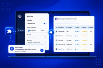 Outscraper custom connector setup shown inside ChatGPT with API token and results table