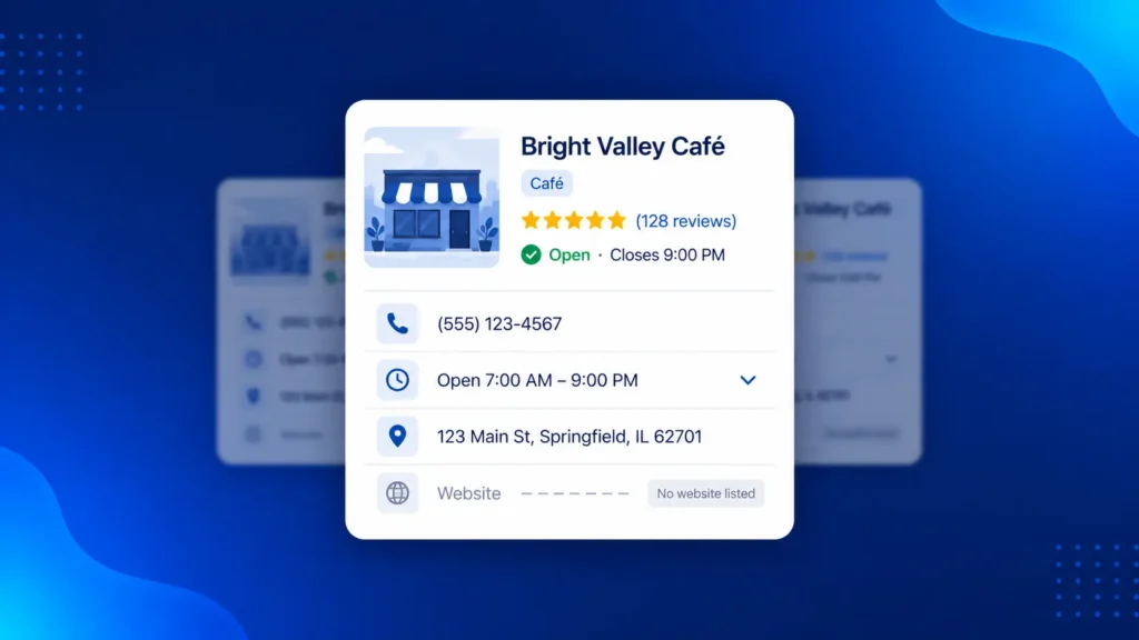 Google Maps-style business listing showing reviews, phone number, hours, address, and no website listed.
