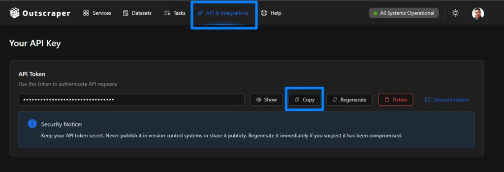 Outscraper dashboard showing how to find and copy your API token