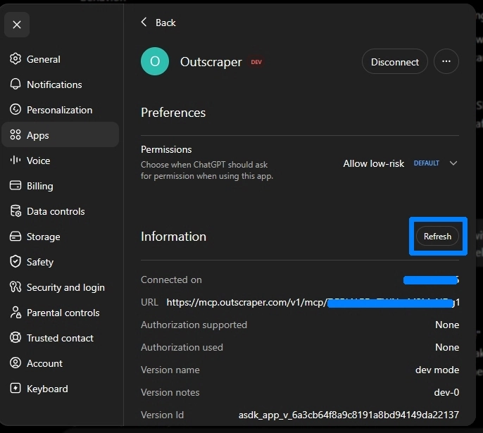 ChatGPT dashboard showing Outscraper connected successfully