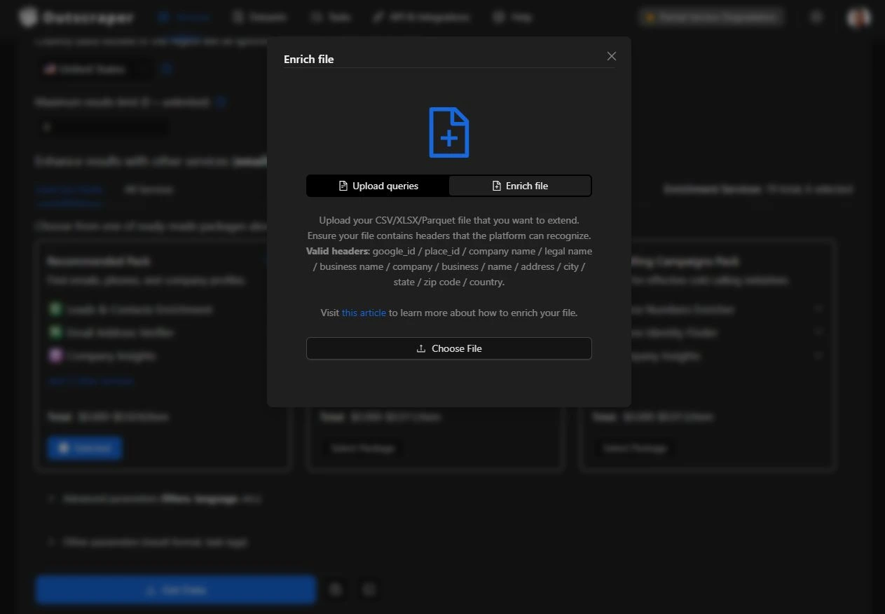 Outscraper Enrich file modal showing supported headers for uploading and enriching POI data with Google Maps.