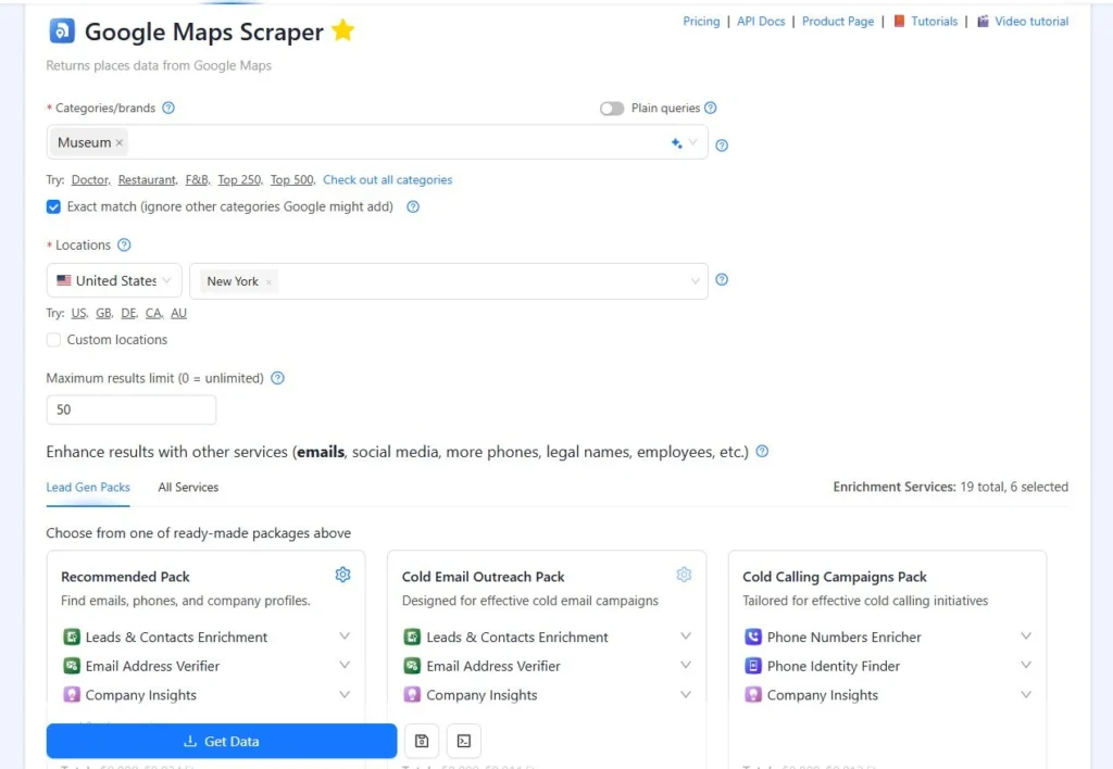 Outscraper Google Maps Scraper setup screen showing category, location, result limit, enrichment packs, and Get Data button for POI enrichment.