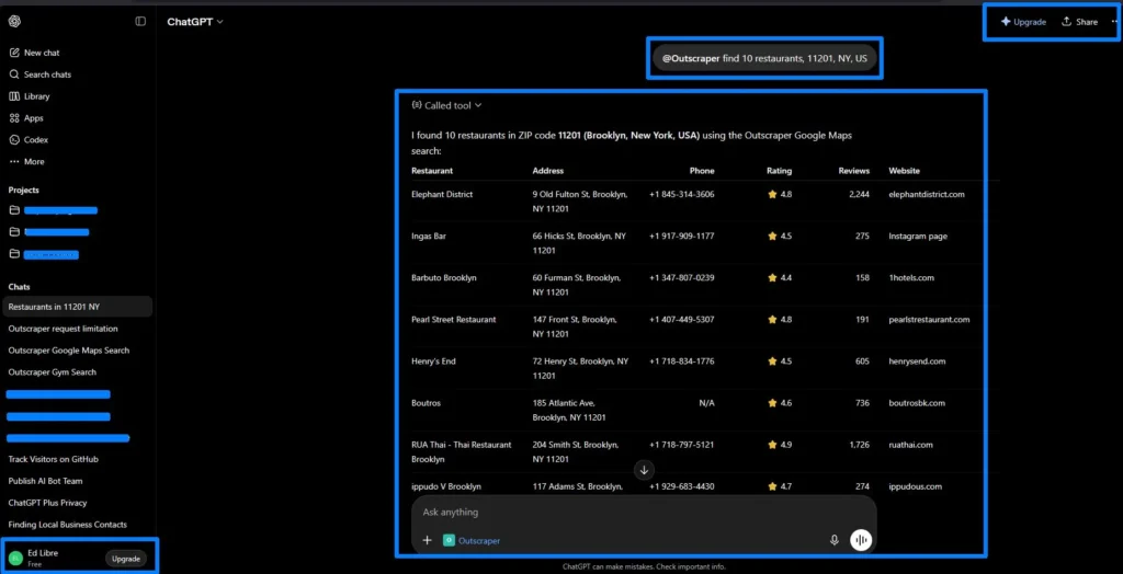 Outscraper results table showing restaurants with ratings reviews and phone numbers