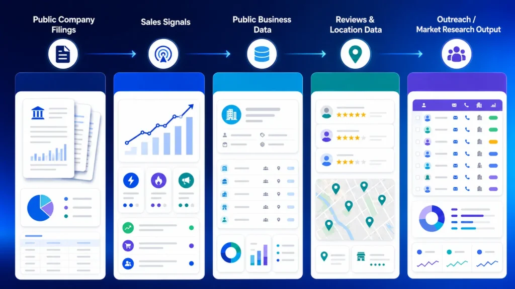 Public company data workflow for sales prospecting using filings, business data, reviews, and outreach signals