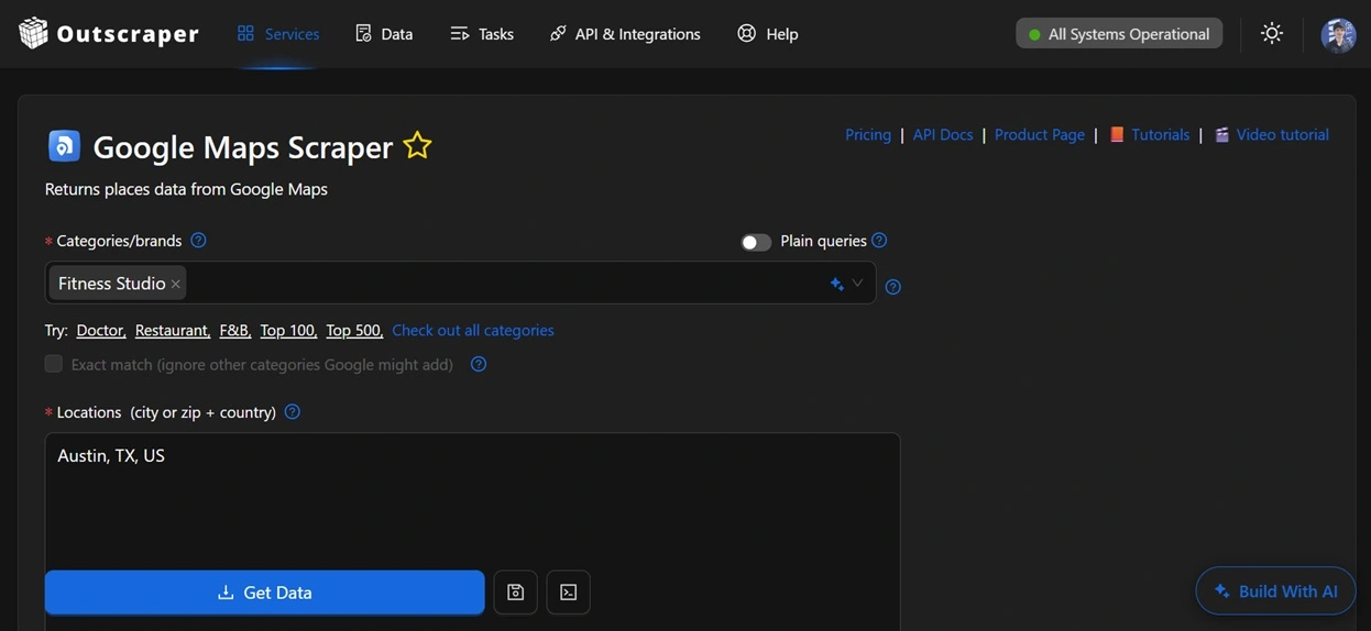 Outscraper Google Maps Scraper export showing competitor names categories ratings and review counts