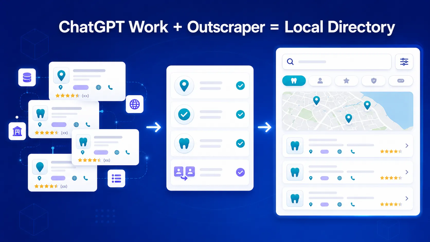 Illustration of Outscraper business data being organized into a searchable local business directory