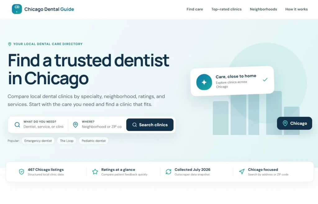 ChatGPT Work website prototype for a searchable Chicago dental clinic directory
