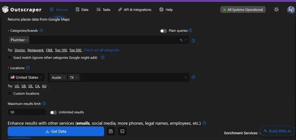 Outscraper Google Maps Scraper result count for one filtered segment