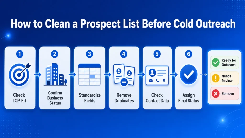 Six-step workflow for cleaning a prospect list before cold outreach
