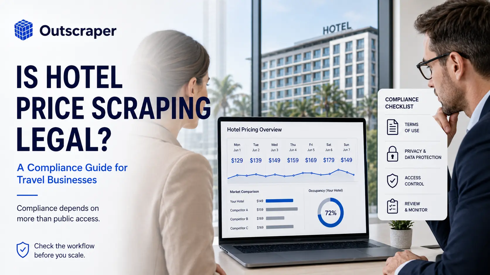 Hotel price scraping legal compliance guide for travel businesses reviewing hotel pricing data, terms, privacy, and access controls