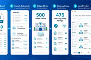 Shows a 5-step data workflow: export JSON, group/deduplicate by Google Place ID, 500 unique clinics, 475 directory-ready listings, and a local directory search UI.