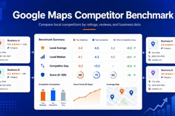 Featured image showing a Google Maps competitor benchmark with local business comparison cards and summary metrics
