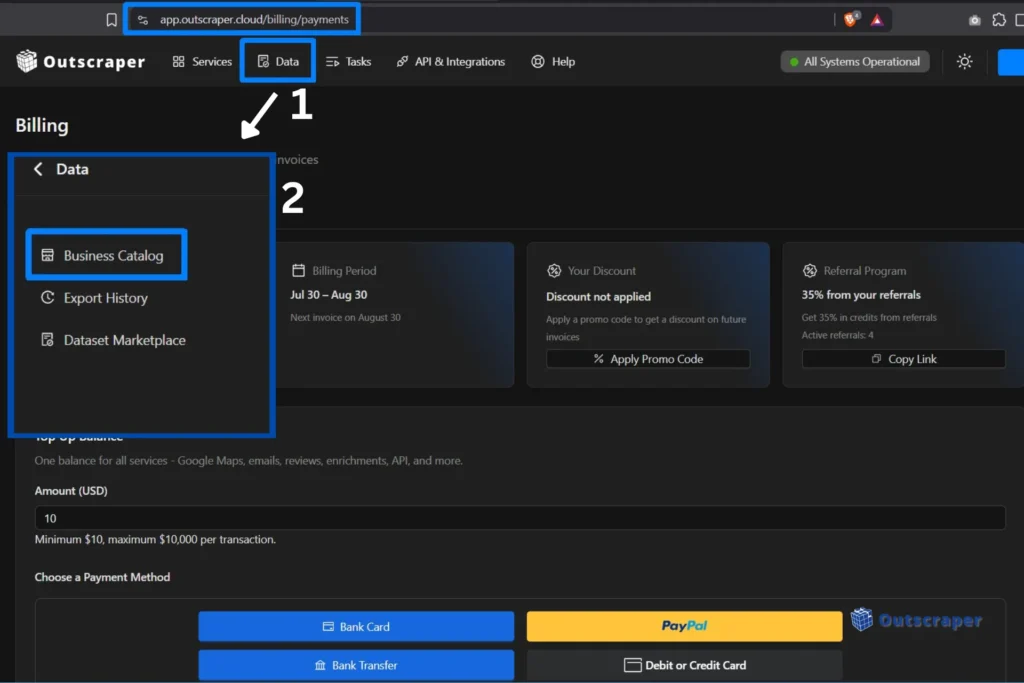 Outscraper data menu showing Business Catalog, Export History, and Dataset Marketplace