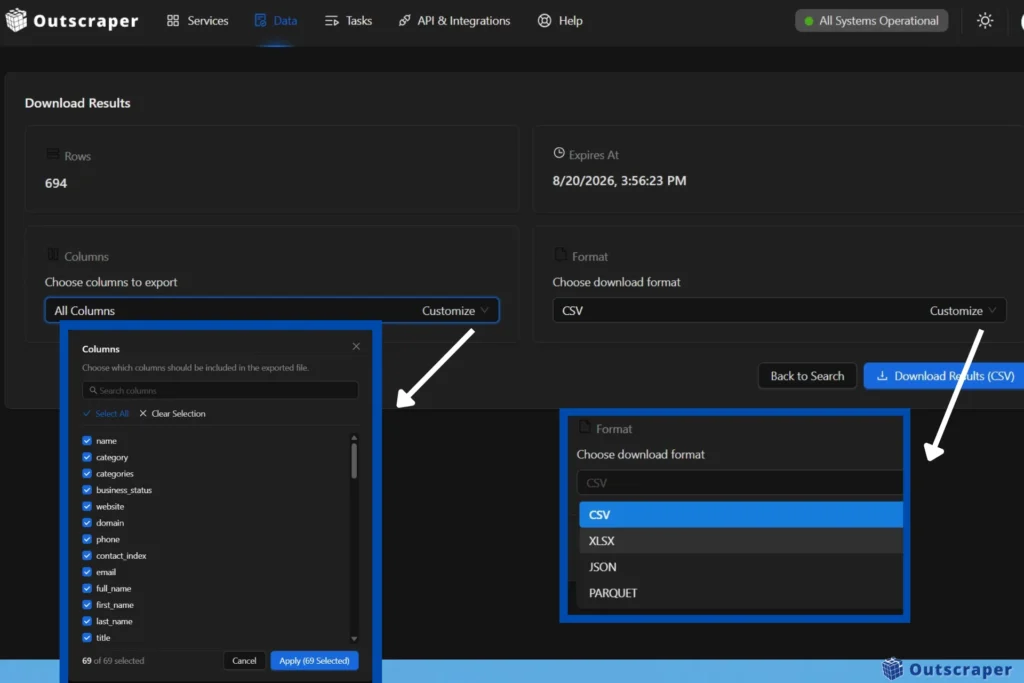 Outscraper Business Catalog export column selector with 69 available fields