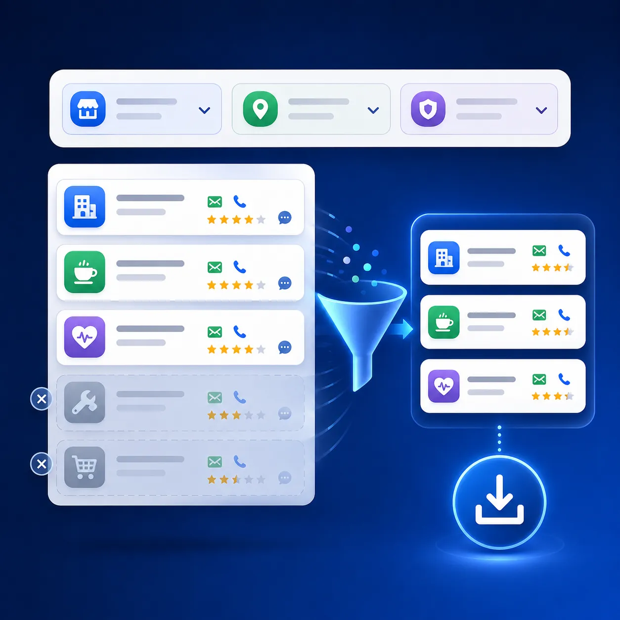 Illustration of Outscraper Business Catalog filters narrowing business records before export