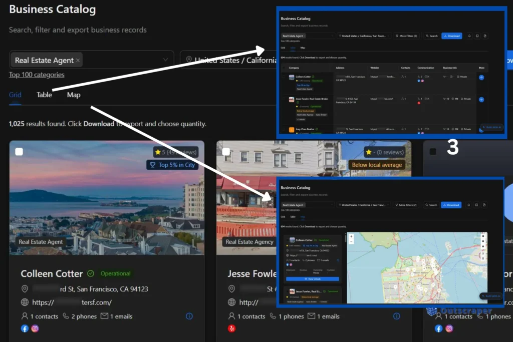 Grid, Table, and Map views for reviewing records in Outscraper Business Catalog