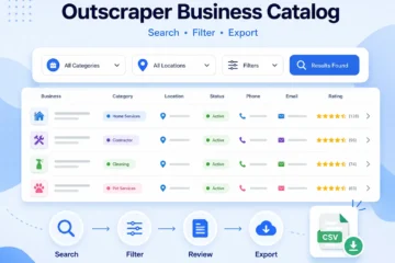 Hero UI for Outscraper Business Catalog with search, filter, export controls and a sample business list