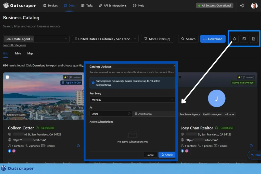 Catalog Updates settings in Outscraper Business Catalog for weekly email notifications