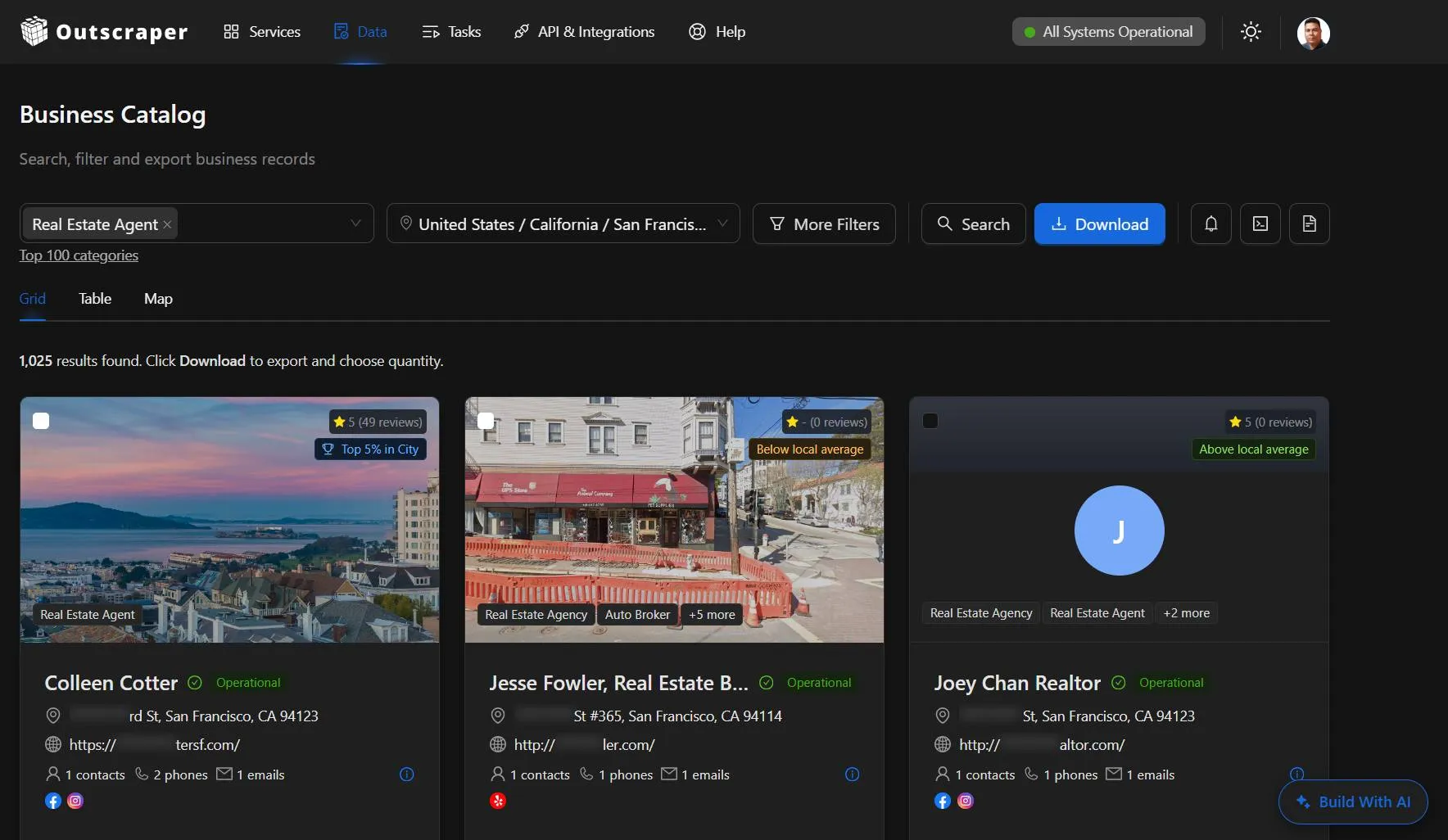 Outscraper Business Catalog results with Advanced Filters and Without Advanced Filters