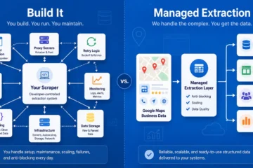 Build vs. buy Google Maps scraper comparison showing DIY and managed extraction workflows