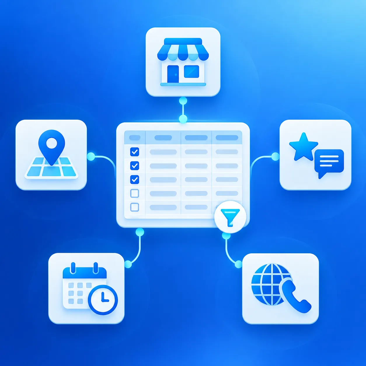 Icons representing business, location, reputation, operating, and contact data fields