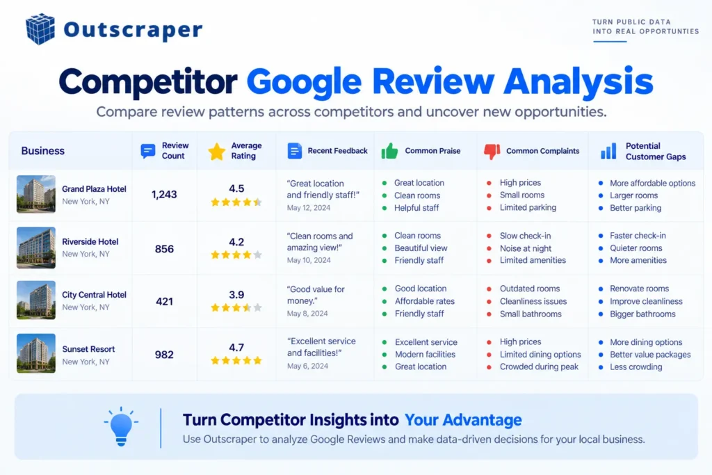Competitor Google review comparison showing ratings, review volume, customer themes, and complaints