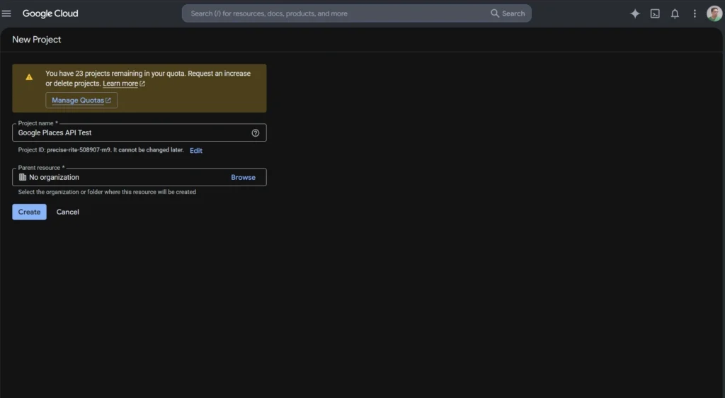 Create Google Cloud project with no organization for Google Places API