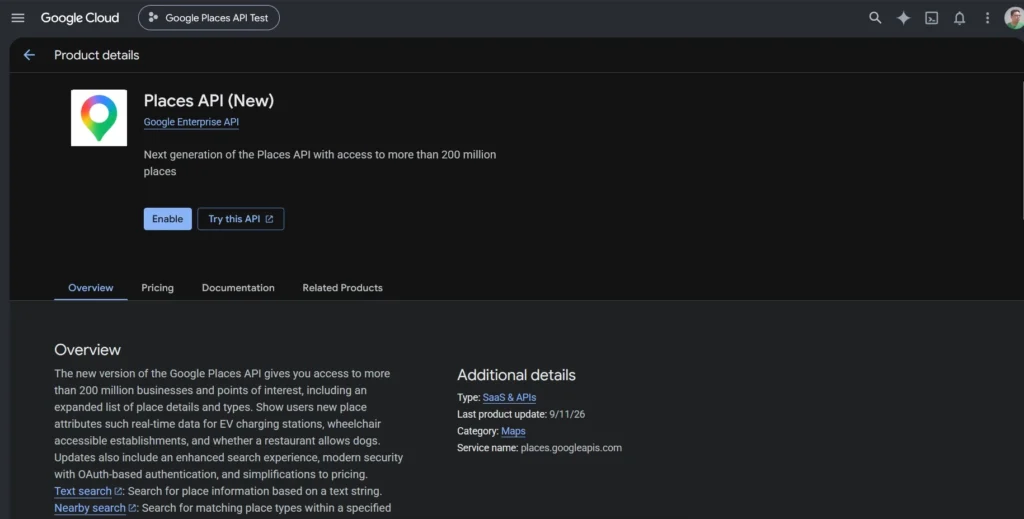 Enable Places API New in Google Cloud Console