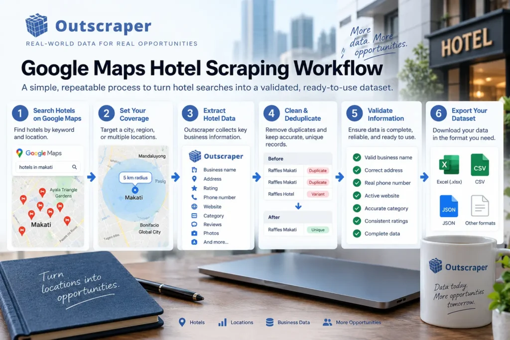 Google Maps hotel scraping workflow from search to validated dataset