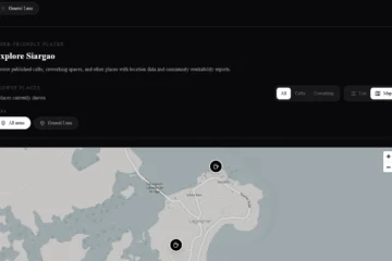 Location-based app showing imported Google Maps business data on a Siargao map