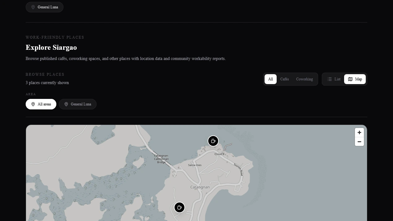 Location-based app showing imported Google Maps business data on a Siargao map
