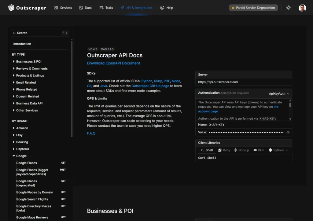 Outscraper API Docs showing SDKs, authentication, and Google Places endpoints