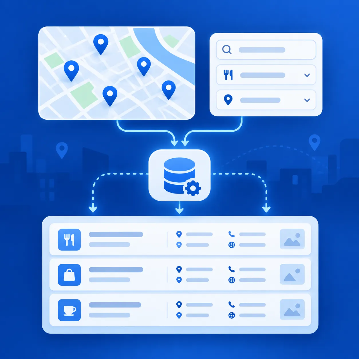 Illustration of Outscraper Google Maps Scraper collecting business data without a manual API workflow