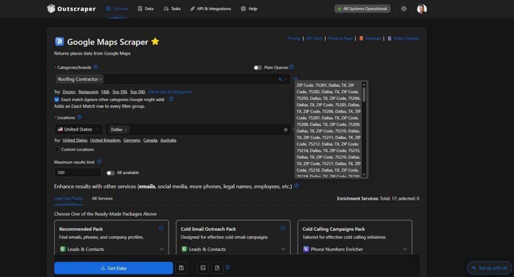Outscraper Google Maps Scraper search for businesses by category and location