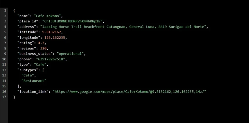 Outscraper JSON business fields used in a location-based app