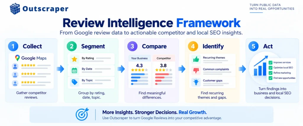 Review Intelligence framework showing how Google review data becomes local SEO insights