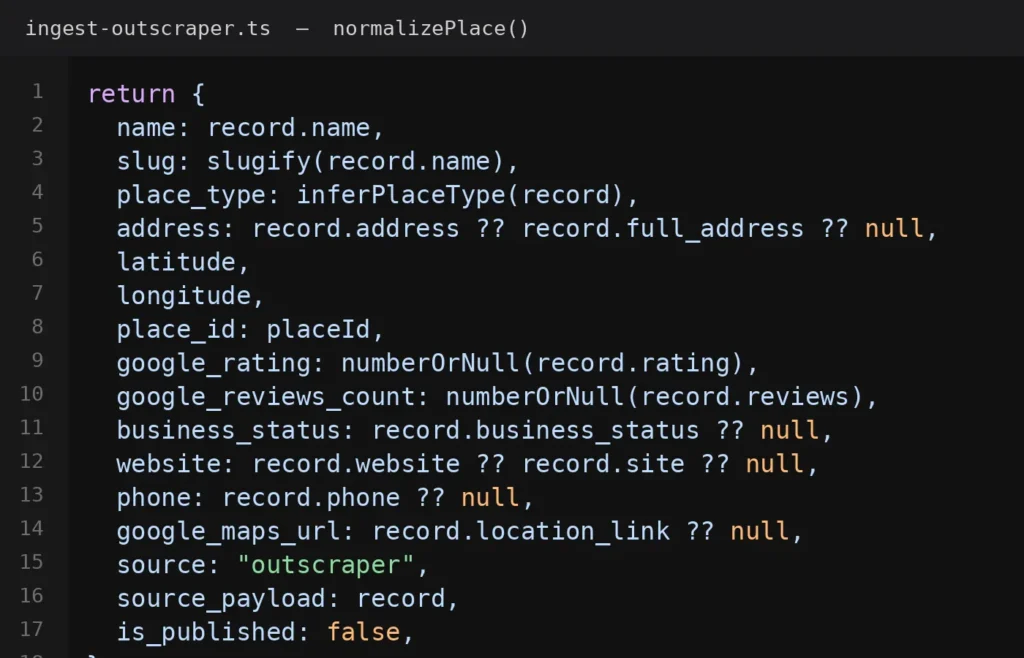 TypeScript normalizing Outscraper JSON for a location-based app