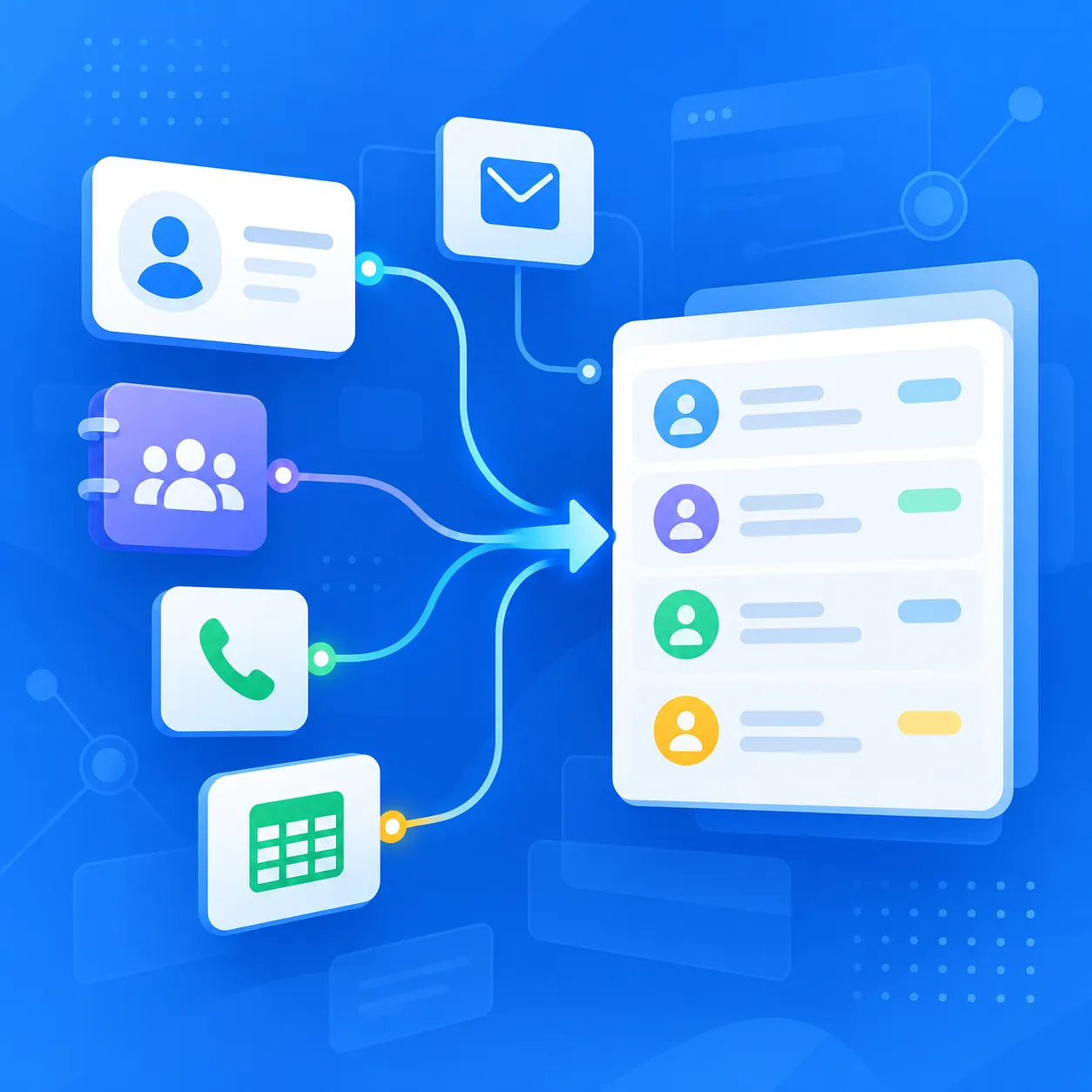 Illustration showing business contact details flowing into a structured prospect list for outreach.