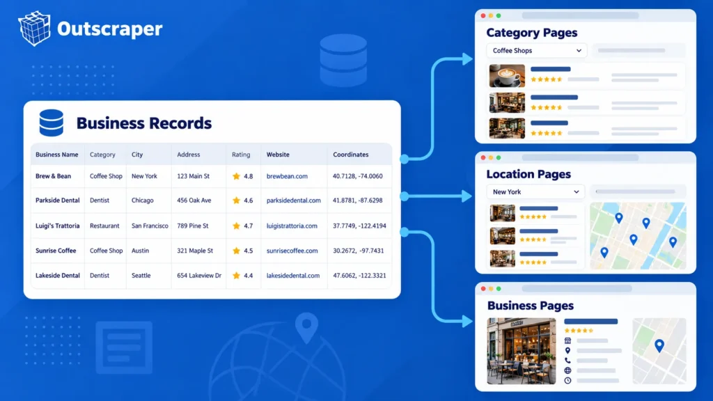Structured business records used to create category, location, and individual business directory pages
