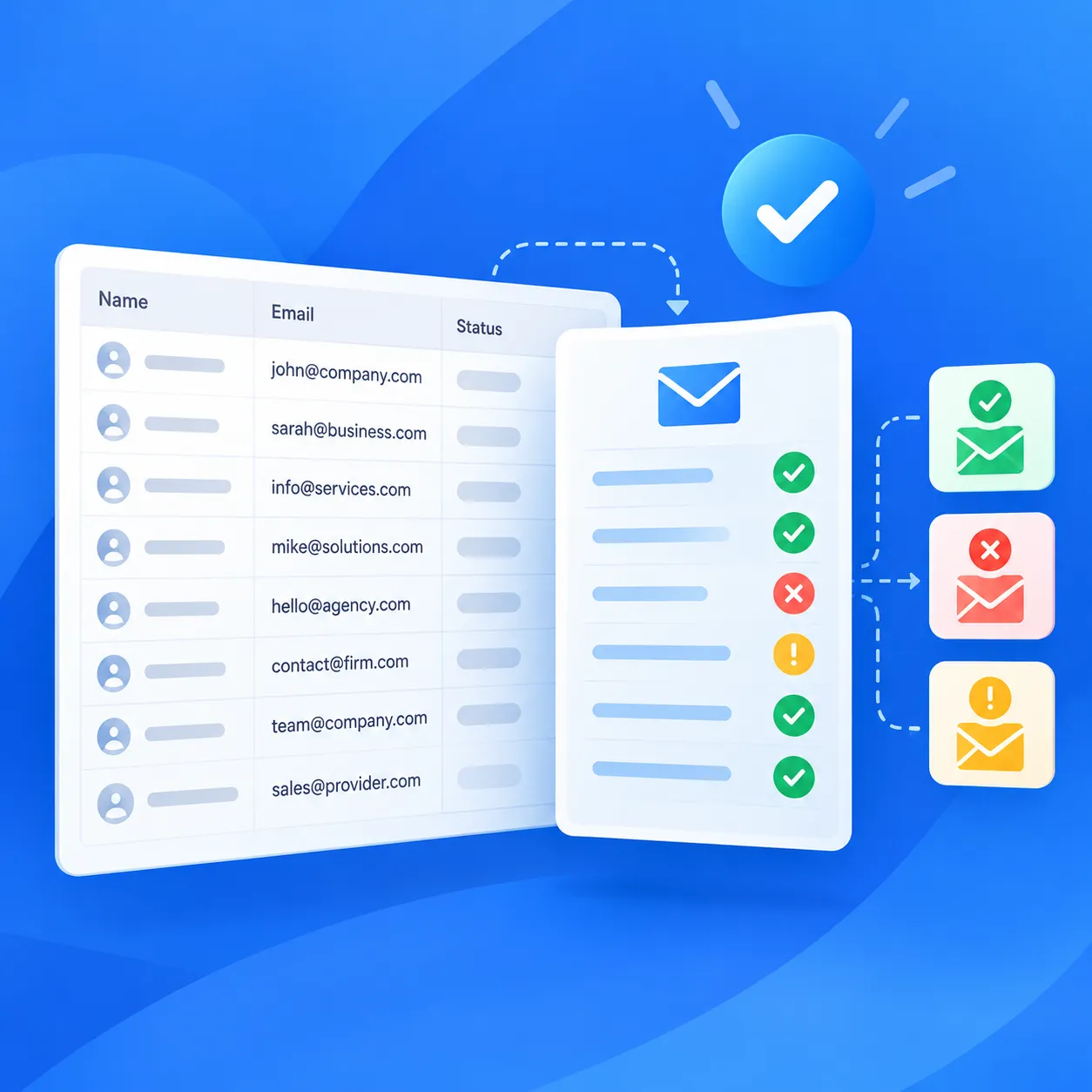 Illustration of a prospect email list being checked before outreach, with checkmarks, crosses, and warning icons.