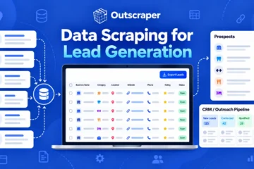 Illustration of data scraping for lead generation, showing business records, a prospect list, and an outreach workflow.