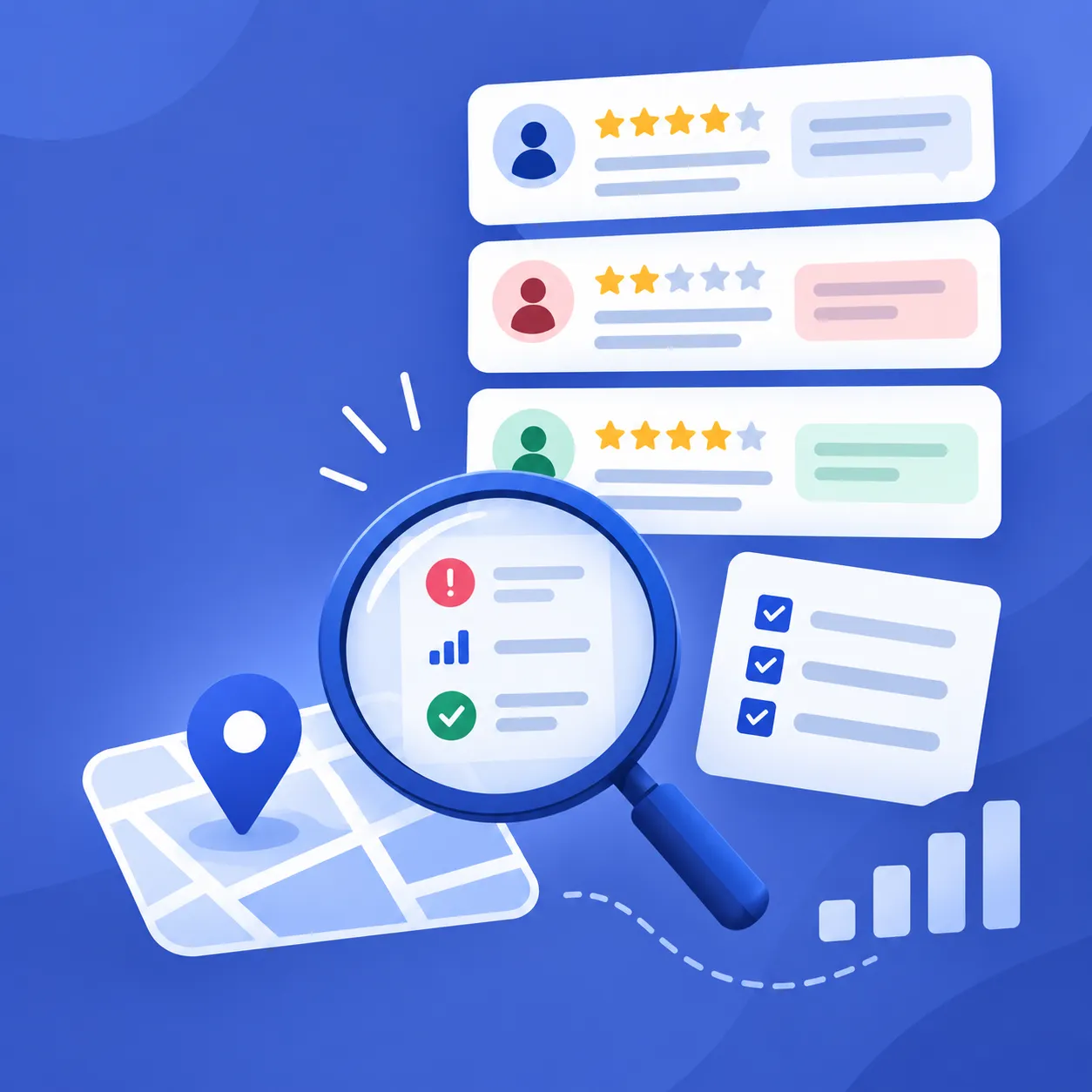 Illustration of Google Maps customer reviews being analyzed for prospecting signals, recurring complaints, and lead qualification.