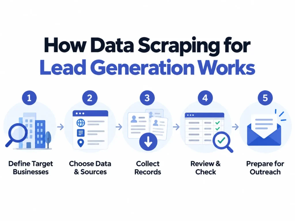 Five-step visual showing how data scraping for lead generation works, from defining target businesses to preparing a prospect list for outreach.