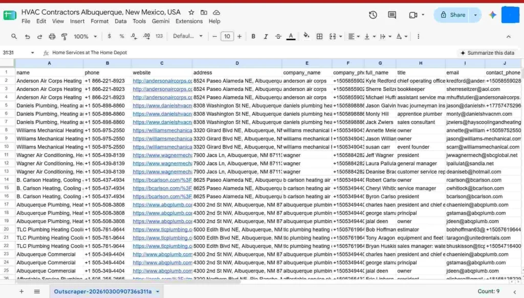 Outscraper export of HVAC contractor listings in Albuquerque, New Mexico