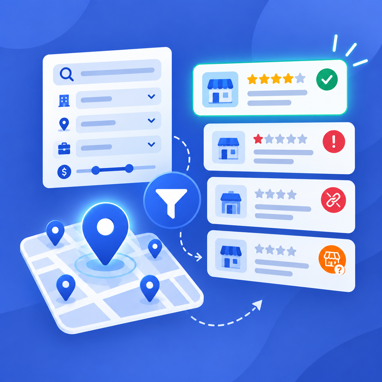 Illustration of Outscraper Business Catalog filtering local business leads by category, location, low ratings, missing websites, and unclaimed business profiles.